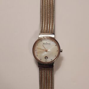 Skagen Denmark Two Tone Mesh Band Watch Mother of Pearl Dial Minimalist